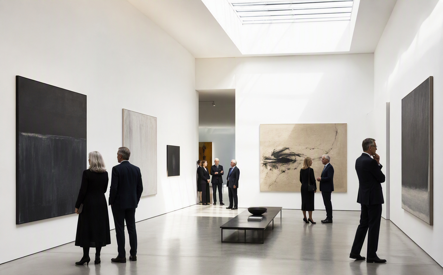 Members viewing works inside the private gallery